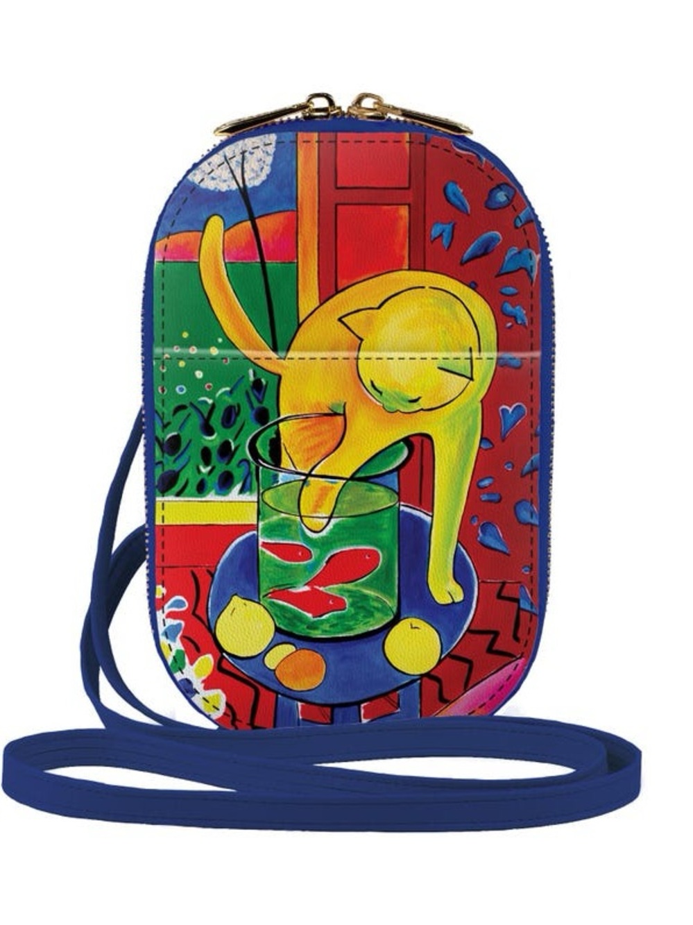 Vibrant Yellow Cat Illustration Crossbody Bag in Blue and Red